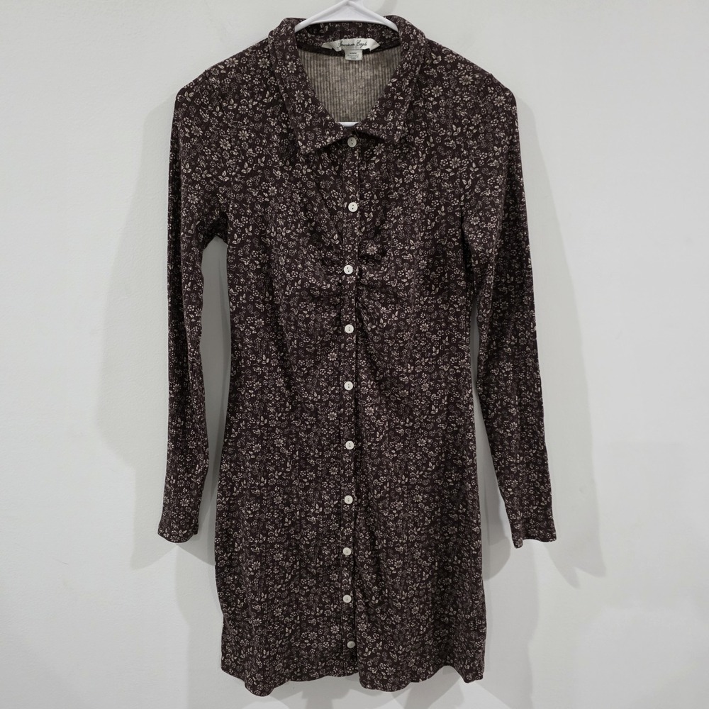 Y2K American Eagle Button Up Shirt Dress Size Medium Floral Brown Cottage Retro